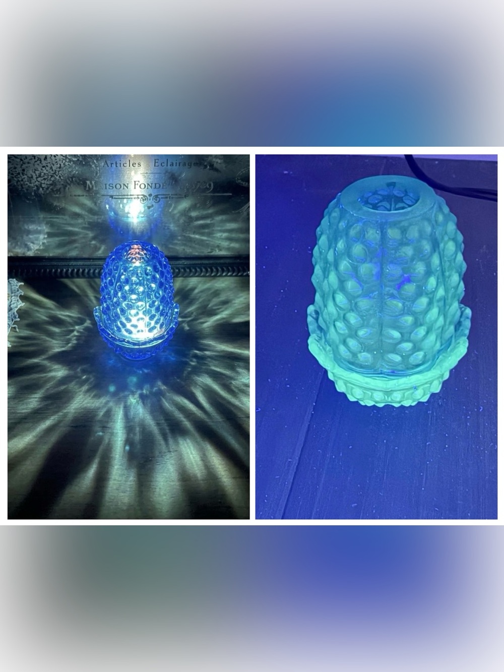 Fenton BLUE Hobnail Fairy Lamp UV BLACKLIGHT GLOW Candle Tealight Holder